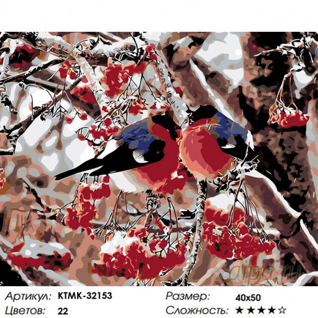 Количество цветов и сложность Снегири на рябине Раскраска картина по номерам на холсте KTMK-32153