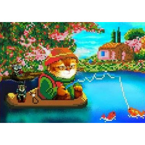Кот на рыбалке Канва с рисунком для вышивки бисером
