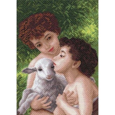 Дети и овечка Канва с рисунком для вышивки Матренин посад