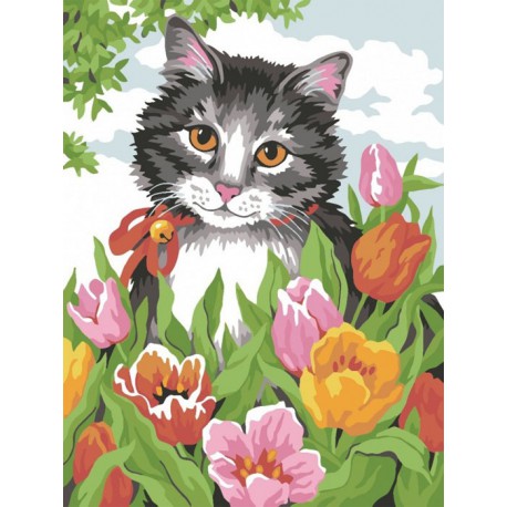 Кошечка в тюльпанах Раскраска картина по номерам акриловыми красками на холсте Color Kit