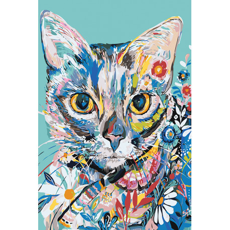  Кот в цветочном узоре Раскраска картина по номерам на холсте A484