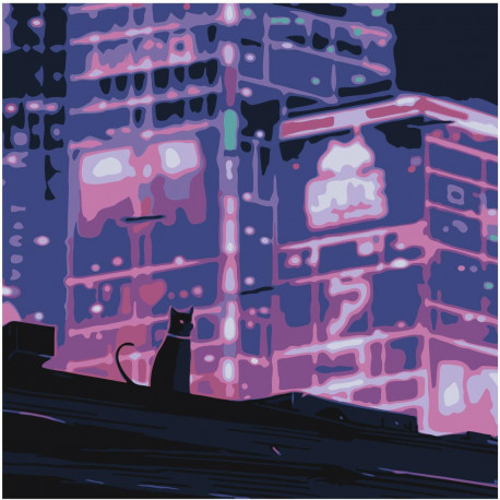 Кошка в неоновом городе Раскраска картина по номерам на холсте