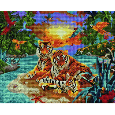 Семья тигров в райском саду Алмазная мозаика вышивка Painting Diamond