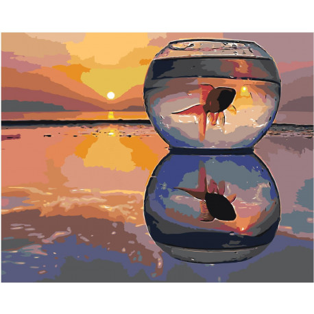 Золотая рыбка в аквариуме на закате Раскраска картина по номерам на холсте