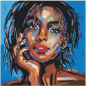 Лицо девушки на синем фоне 80х80 Раскраска картина по номерам на холсте