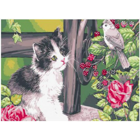 Котенок с птичкой в ежевике Раскраска картина по номерам на холсте
