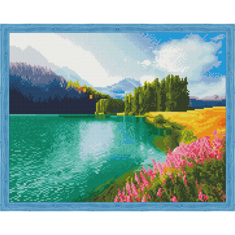  Цветущее поле у озера Алмазная мозаика на подрамнике QA204009