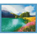 Цветущее поле у озера Алмазная мозаика на подрамнике