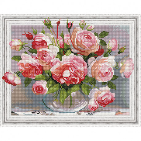  Розы в стеклянной вазочке Картина 3D мозаика с нанесенной рамкой на подрамнике Molly KM0189