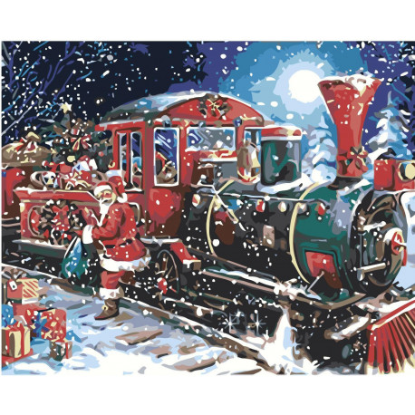 Новогодний поезд и Санта-Клаус Раскраска картина по номерам на холсте