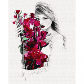 Девушка с красными цветами Раскраска картина по номерам на холсте