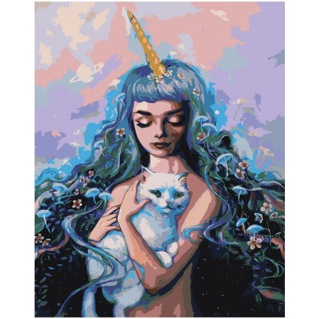 Девушка фэнтези с белым котом 80х100 Раскраска картина по номерам на холсте