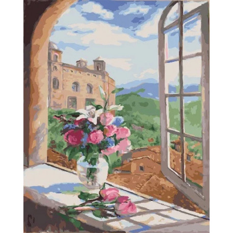  Цветы у открытого окна Раскраска картина по номерам на холсте МСА416