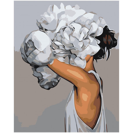 Девушка с белыми пионами Раскраска картина по номерам на холсте