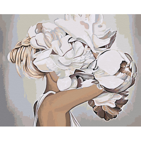 Блондинка с пионами 80х100 Раскраска картина по номерам на холсте