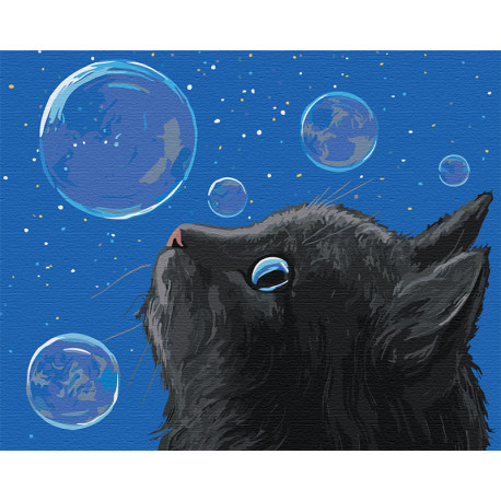  Черный кот и мыльные пузыри Раскраска картина по номерам на холсте AAAA-JV1-80x100