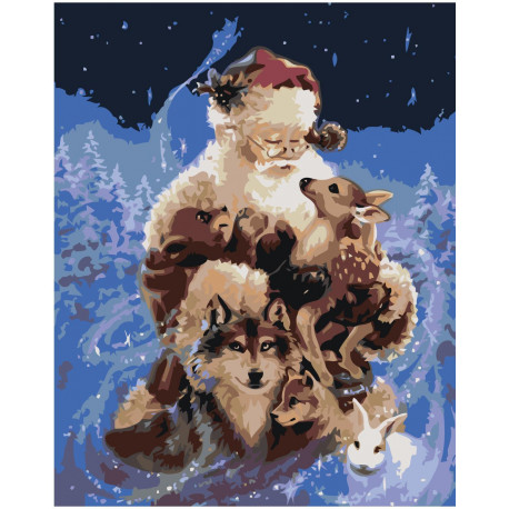 Санта-Клаус с лесными зверями 80х100 Раскраска картина по номерам на холсте