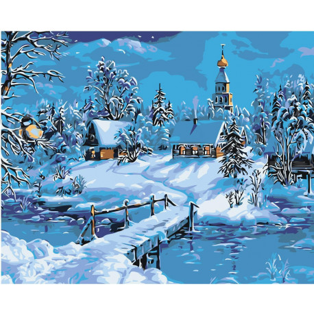 Зимний пейзаж с церковью Раскраска картина по номерам на холсте