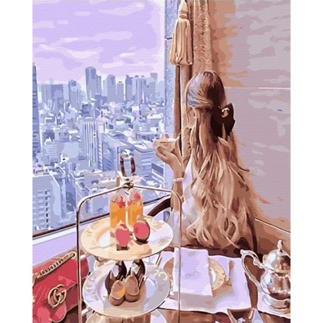  Чаепитие с видом на город Раскраска картина по номерам на холсте МСА696