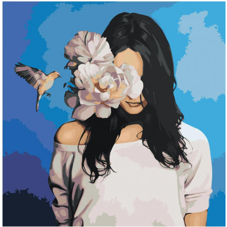 Девушка, белый цветок и птица 80х80 Раскраска картина по номерам на холсте