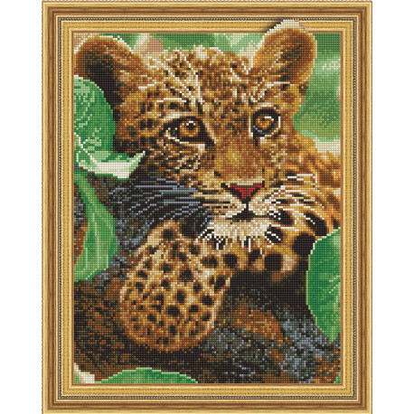 Пример выложенной мозаики Леопард Алмазная мозаика вышивка на подрамнике Molly KM0737