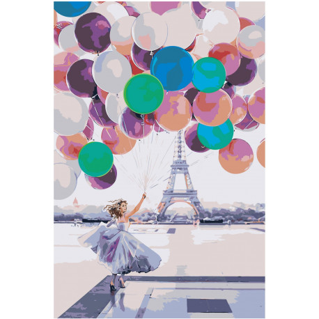 Девушка с воздушными шарами у Эйфелевой башни Раскраска картина по номерам на холсте