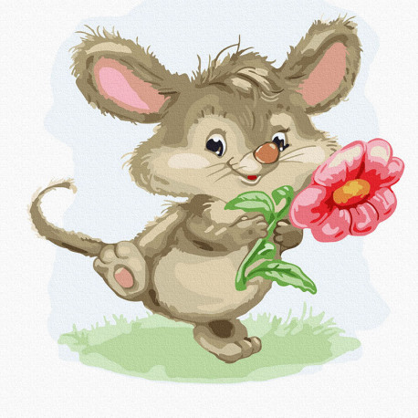  Мышка с цветком Раскраска картина по номерам на холсте KH1017