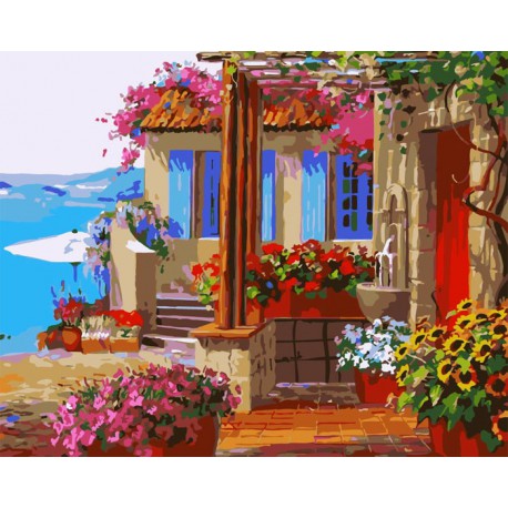 Райский дворик ( художник Микки Сенкарик ) Раскраска (картина) по номерам акриловыми красками на холсте Menglei