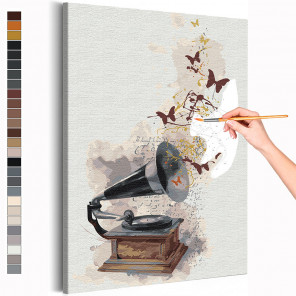 Пример картины и схема Музыка и бабочки Раскраска картина по номерам на холсте с металлической краской AAAA-RS188