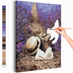 Пример картины и схема Прогулка с книгой / Лаванда / Цветы Раскраска картина по номерам на холсте с неоновой краской AAAA-RS216