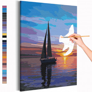 Пример картины и схема Парусник / Закат на море Раскраска картина по номерам на холсте AAAA-RS219