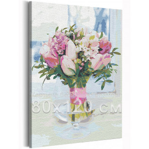 Пример в интерьере Тюльпаны в вазе / Букет цветов 80х120 см Раскраска картина по номерам на холсте с неоновой краской AAAA-RS20