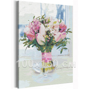 Пример в интерьере Тюльпаны в вазе / Букет цветов 100х150 см Раскраска картина по номерам на холсте с неоновой краской AAAA-RS2
