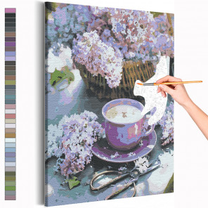 Пример картины и схема Сирень и чашка кофе / Цветы Раскраска картина по номерам на холсте AAAA-RS225