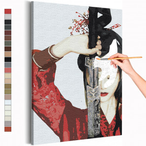 Пример картины и схема Девушка в красном кимоно и меч Раскраска картина по номерам на холсте AAAA-RS213