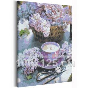 Пример в интерьере Сирень и чашка кофе / Цветы 100х125 см Раскраска картина по номерам на холсте AAAA-RS225-100x125