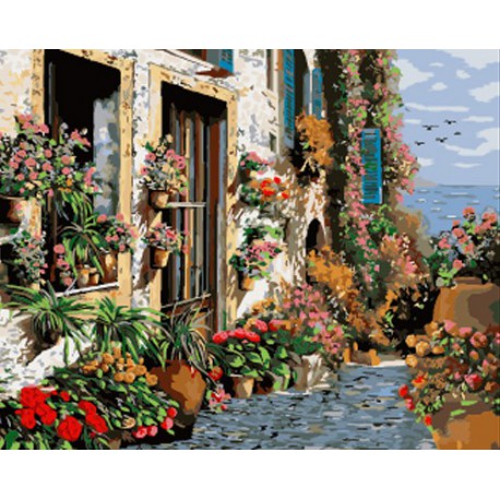 Цветочная улочка Раскраска ( картина ) по номерам акриловыми красками на холсте Iteso