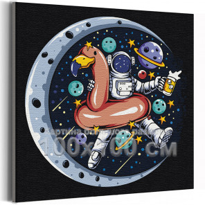  Космонавт с кружкой пива 100х100 см Раскраска картина по номерам на холсте с неоновой краской AAAA-V0017-100x100