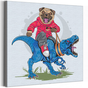  Яркий мопс на динозавре / Собаки / Животные Раскраска картина по номерам на холсте с неоновой краской AAAA-V0016
