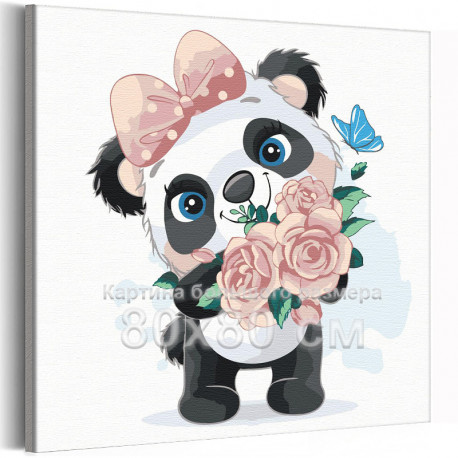  Панда девочка с розочками / Животные 80х80 см Раскраска картина по номерам для детей на холсте AAAA-V0076-80x80