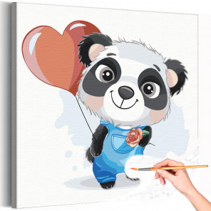  Панда с шариком и розочкой / Животные Раскраска картина по номерам для детей на холсте AAAA-V0075