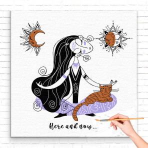  Луна и солнце / Медитация / Девушка в позе лотоса с котом на белом фоне 40х40 см Раскраска картина по номерам на холсте AAAA-C0