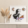 Пример в интерьере Луна и солнце / Медитация / Девушка в позе лотоса с котом на белом фоне 40х40 см Раскраска картина по номера
