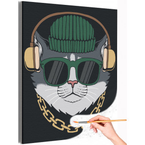  Кот в шапке с цепочкой в наушниках / Животные / Коты, кошки Раскраска картина по номерам на холсте AAAA-C0178