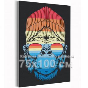 Красно-синяя обезьяна в шапке и очках / Животные 75х100 Раскраска картина по номерам на холсте