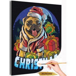 Мопс с рождественскими подарками Новый год Рождество Праздник Собака Пес Животные Раскраска картина по номерам на холсте