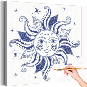 Солнце со звездами синее Орнамент Звезды Зодиак Раскраска картина по номерам на холсте
