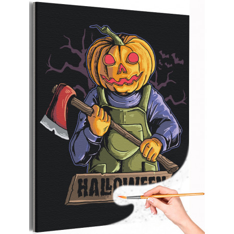Тыква чудовище с топором Хэллоуин Happy Halloween Праздник Раскраска картина по номерам на холсте