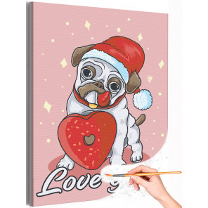 Рождественский мопс с сердечком Пес Собака Животные Новый год Рождество Праздник Раскраска картина по номерам на холсте