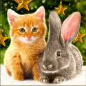 Котенок и кролик под ёлкой Алмазная вышивка мозаика Алмазная живопись